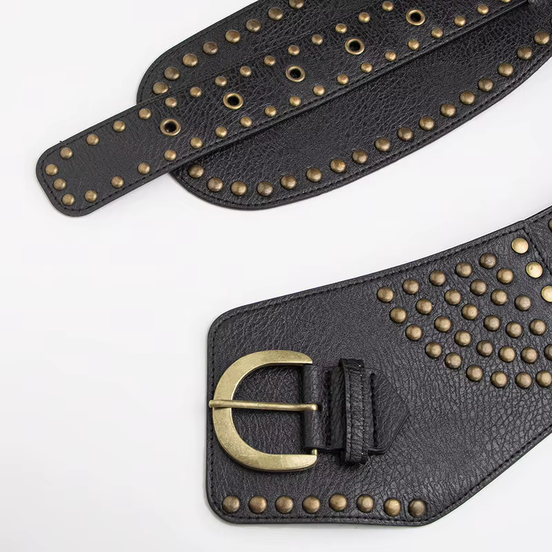 Ceinture large pour femme avec rivets rétro haut de gamme en bronze dans un style Wasteland