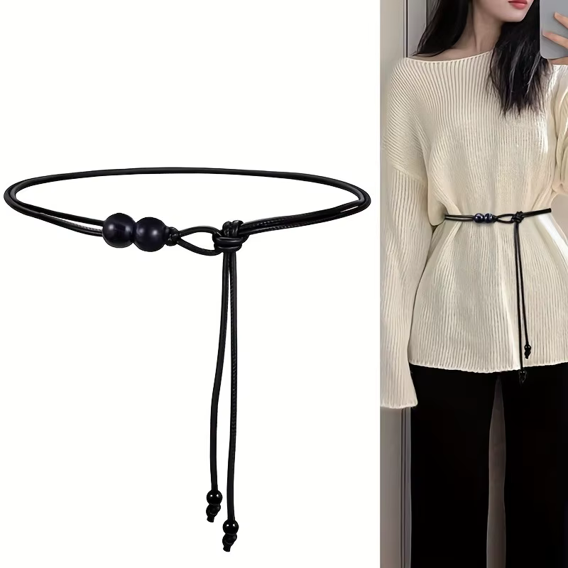 Ceinture fine réglable pour femmes, 1 pièce, avec Accents de perles brunes, cintré à la taille pour robes, chemises, vestes, rehausseur de Style jour à nuit