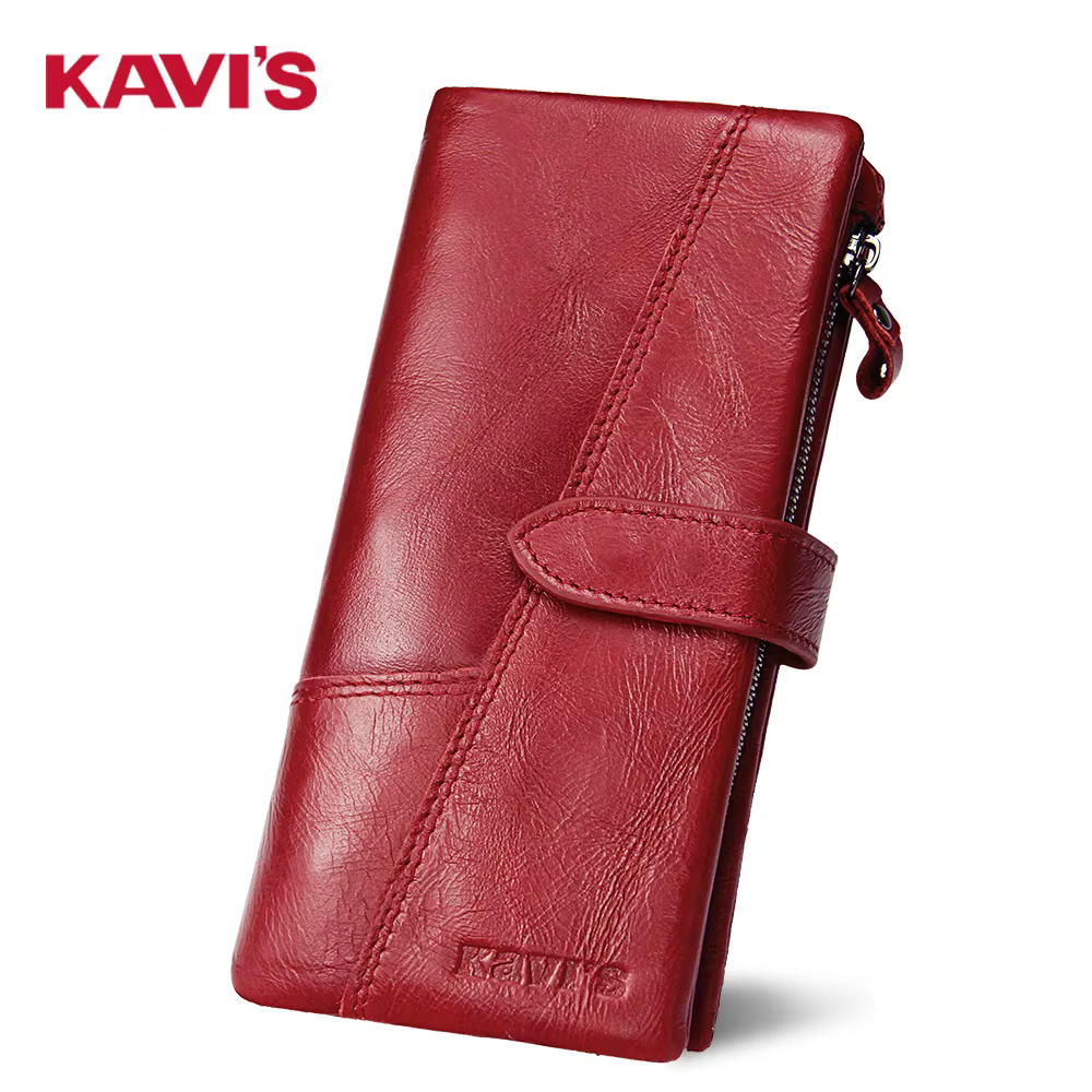 KAVIS-Portefeuille en cuir véritable pour femme, porte-monnaie unisexe, pochette longue pour femme, sacs pour téléphone portable, porte-cartes, mode