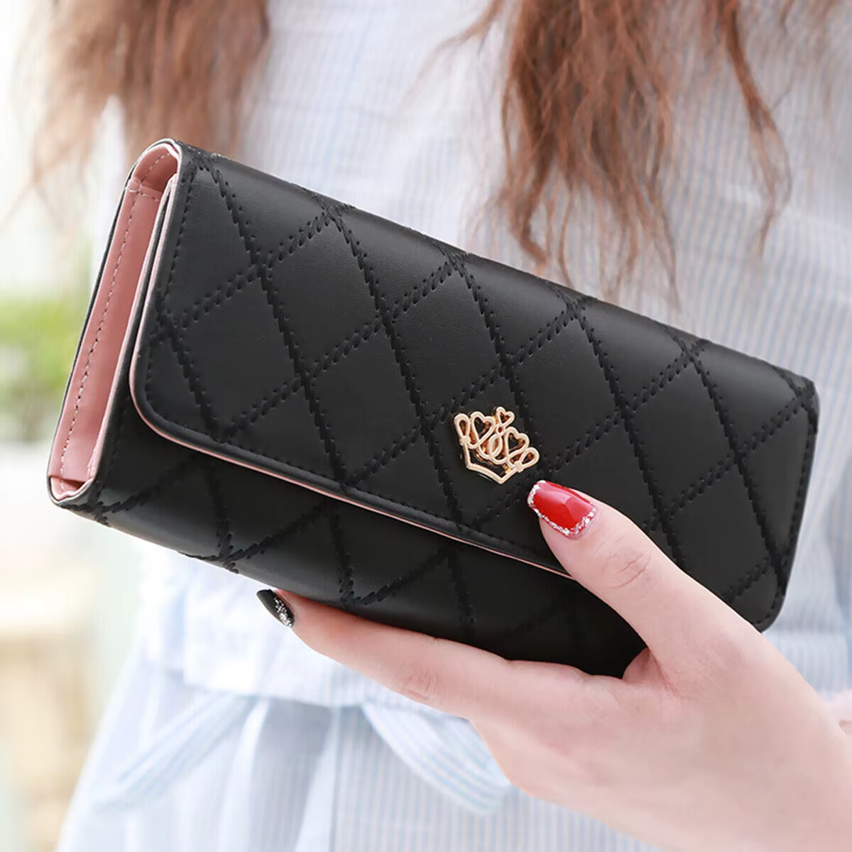 Portefeuilles longs noirs pour femmes en cuir PU, motif diamant, porte-cartes, boucle couronne, sac de téléphone pour dames, pochette de mode