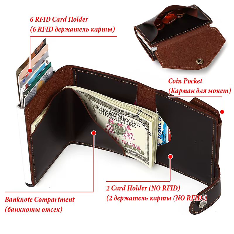 HUMERPAUL peau de vache hommes d'affaires en aluminium porte-carte d'identité RFID mince portefeuille en métal fermeture éclair porte-monnaie automatique Pop Up portefeuilles intelligents
