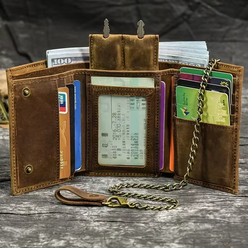 2025 hommes en cuir véritable court portefeuille avec chaîne fermeture éclair pochette portefeuilles mâle