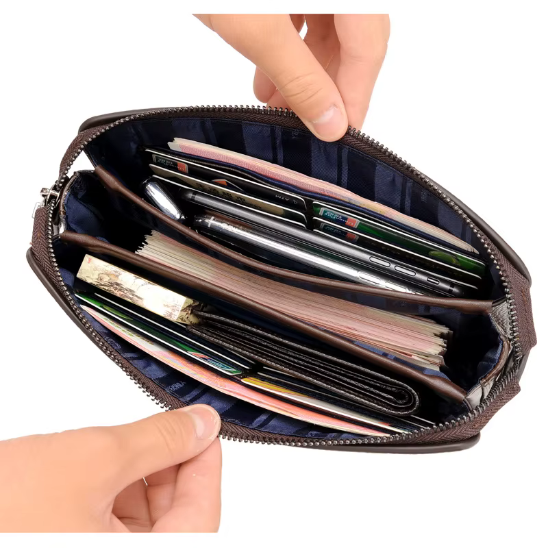 Portefeuille long pour homme ultra-fin pliable en toile style rétro grande capacité avec pince à billets en lin