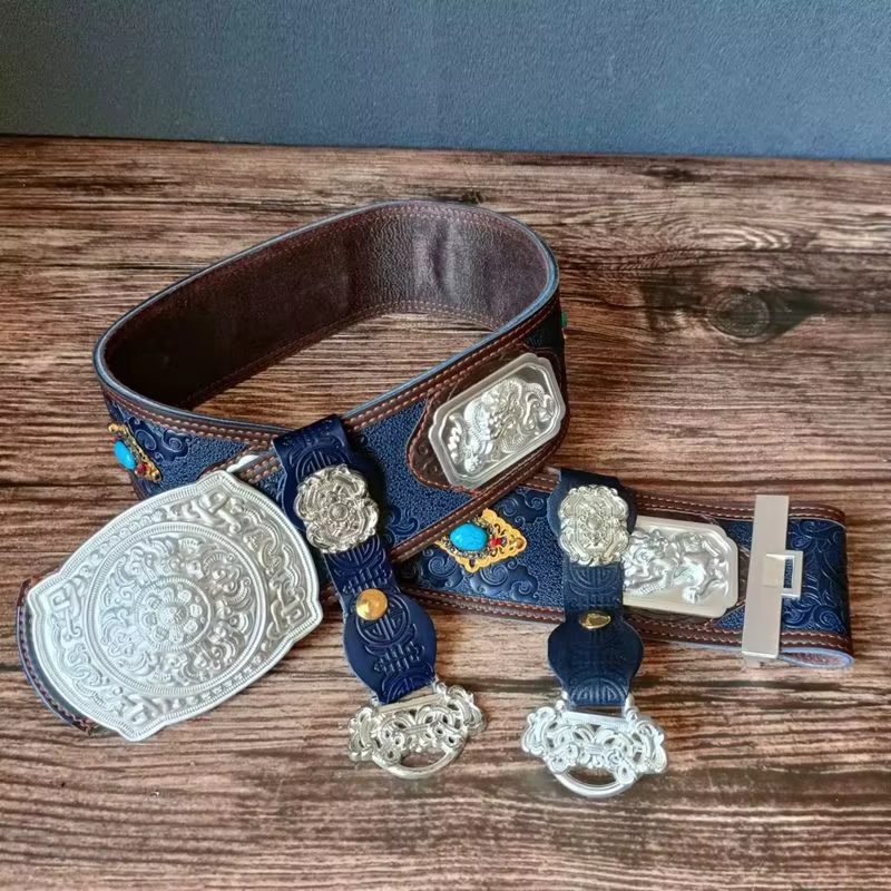 Ceinture en cuir de vache pur de style rétro pour hommes mongols avec un style ethnique