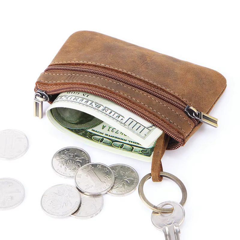 Porte-monnaie rétro en cuir véritable avec porte-clés pour hommes et femmes