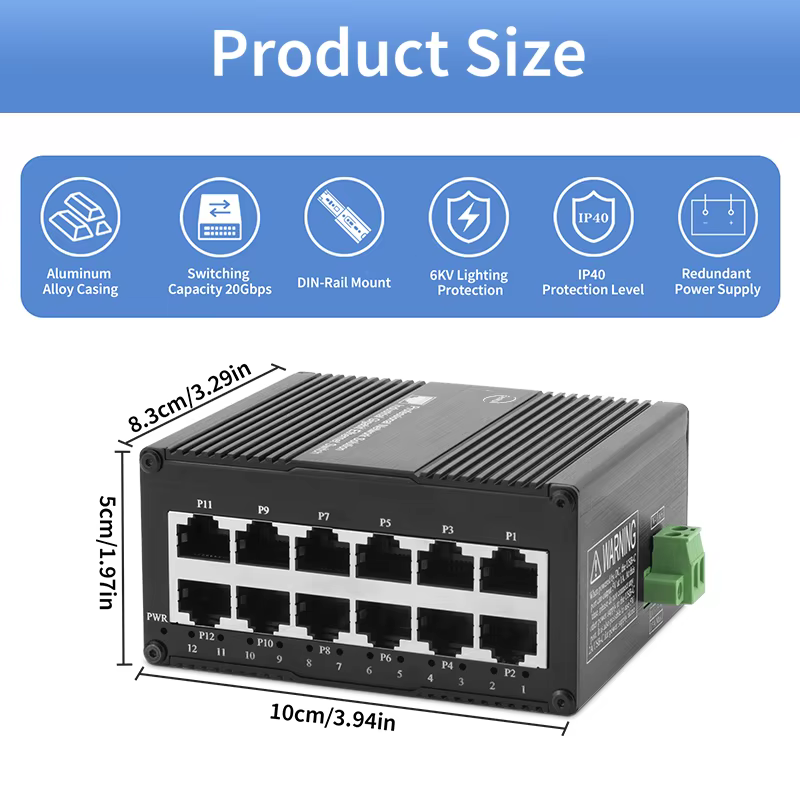 Commutateur Ethernet industriel à 12 ports, commutateur réseau PoE Gigabit monté sur rail DIN, non géré, 1000m, RJ45, IEEE 802 PG/at/bt