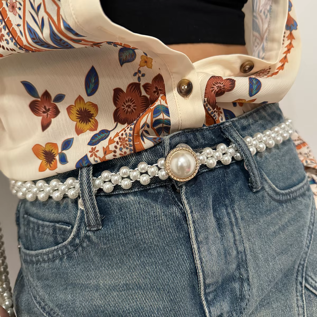 Ceinture élastique élégante pour femme avec incrustation d'agate et fausses perles