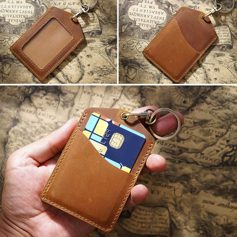 Porte-cartes en cuir véritable pour identification de travail