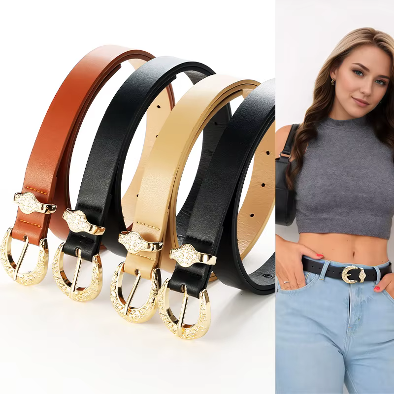 Ceinture pour femme haut de gamme à la mode avec boucle dorée gravée