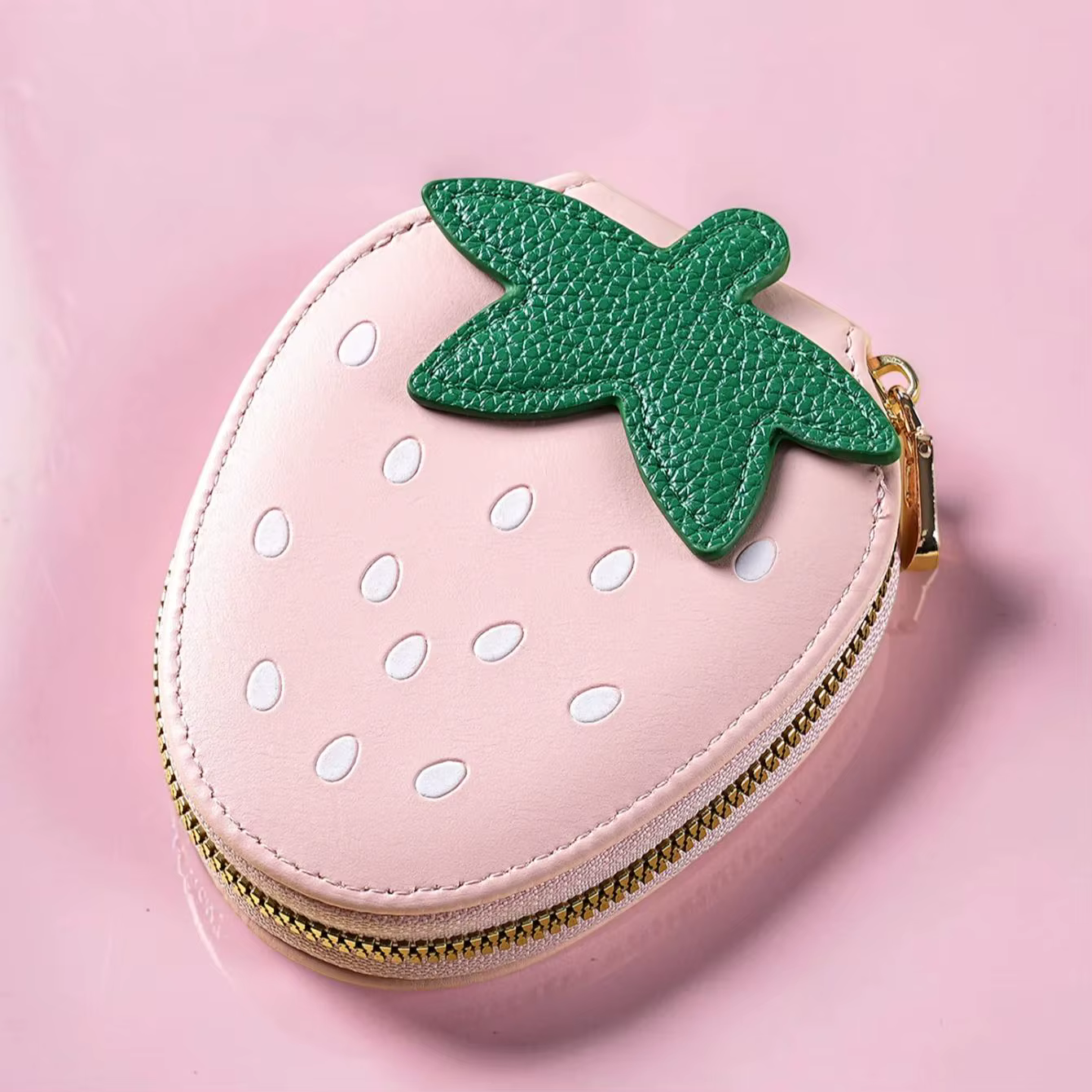 Porte-monnaie Fraise en Cuir PU avec Fermeture Éclair