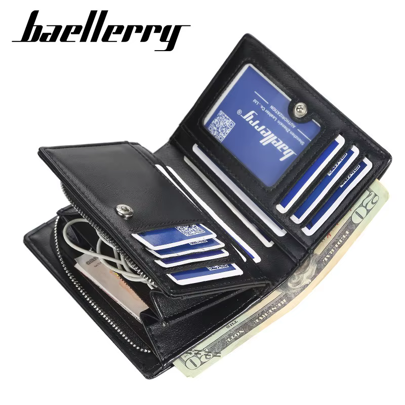 Portefeuille court pour homme Baellerry en cuir PU avec poche à monnaie zippée, vintage, grande capacité, porte-cartes