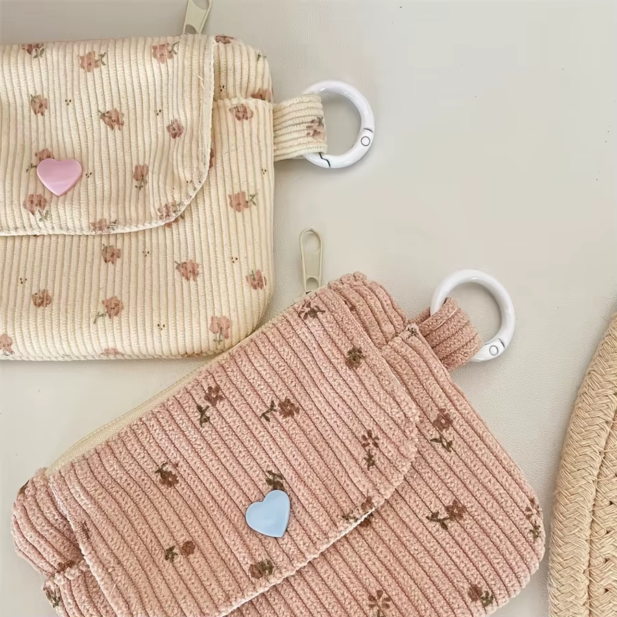 Sac de rangement pour pièces de monnaie en velours côtelé, portefeuille pour femme, porte-cartes à fermeture éclair, sac pour cartes bancaires et papiers d'identité, sac à maquillage pour rouge à lèvr