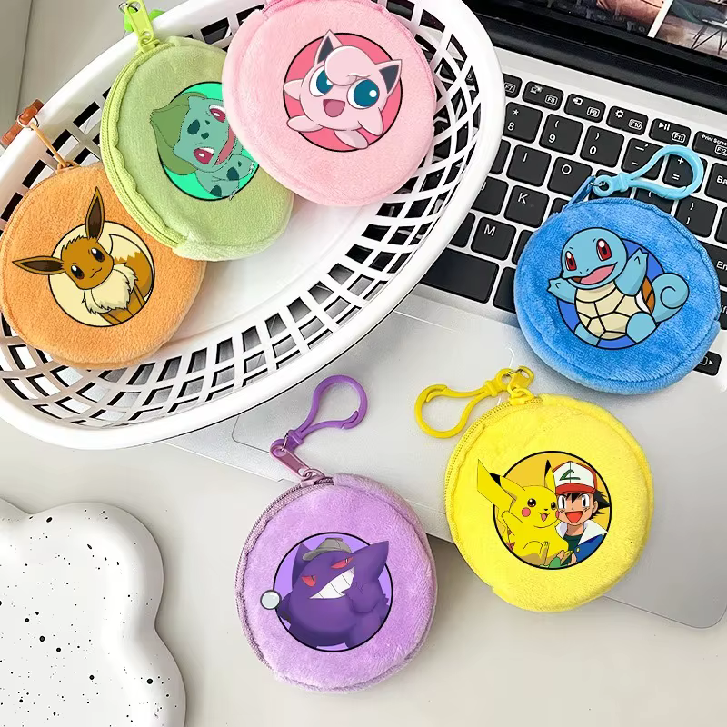 Porte-monnaie en peluche Pokémon Pikachu Charmander, mini portefeuille rond, porte-monnaie à fermeture éclair Gengar Squirtle, sacs à monnaie pour femmes et hommes, cadeau