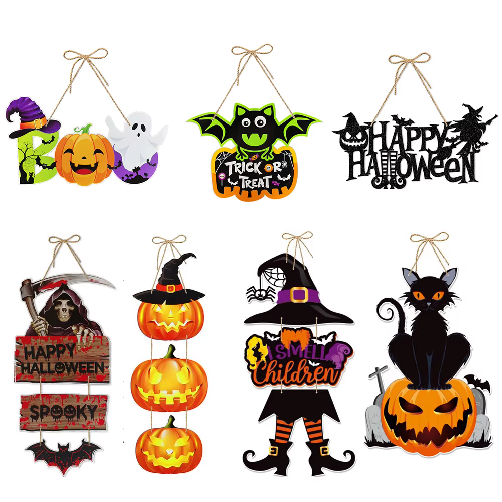 Décoration de porte suspendue pour Halloween : Citrouille en papier, squelette, chat, pendentif, panneau « Trick or Treat », ornement, décoration d'Halloween 2026