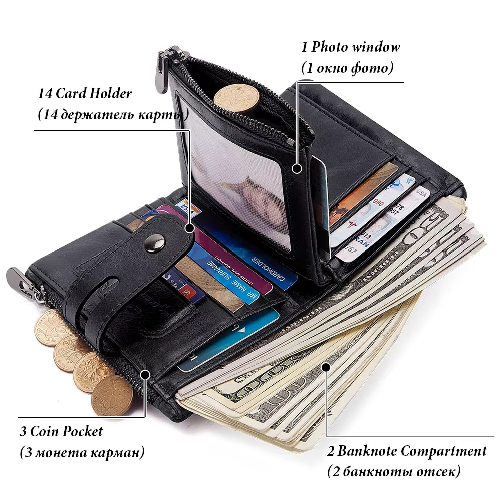 LAREET 100% portefeuille en cuir véritable avec peau de vache pour hommes porte-carte d'argent sac à main RFID court Double fermeture éclair poche à monnaie mâle à deux volets