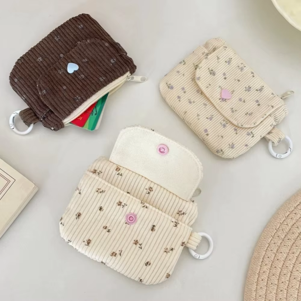 Porte-monnaie en velours côtelé imprimé avec fermeture éclair et porte-clés, petit portefeuille mignon pour enfants, porte-cartes de crédit avec fermeture éclair, porte-carte d'identité, sac à cartes