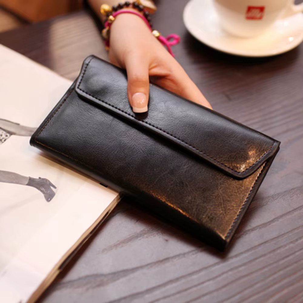 Portefeuille long ultra-fin en cuir de grande capacité