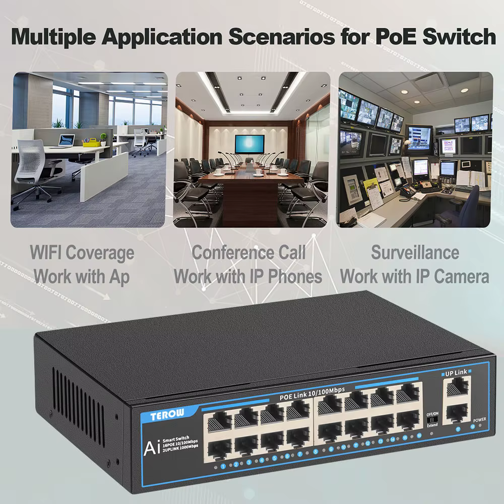 Commutateur POE à 16 Ports, commutateur Ethernet 100Mbps, commutateur réseau POE, Hub RJ45, IEEE802.3af/at, caméra IP, vidéosurveillance, AP sans fil
