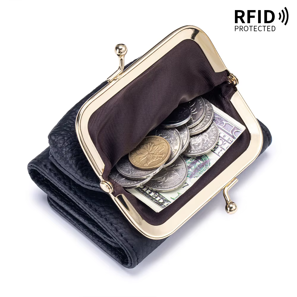 Mini portefeuille court en cuir véritable pour femmes, Design Vintage, blocage RFID, fente multi-cartes, porte-monnaie, sacs à fermoir Kiss Lock