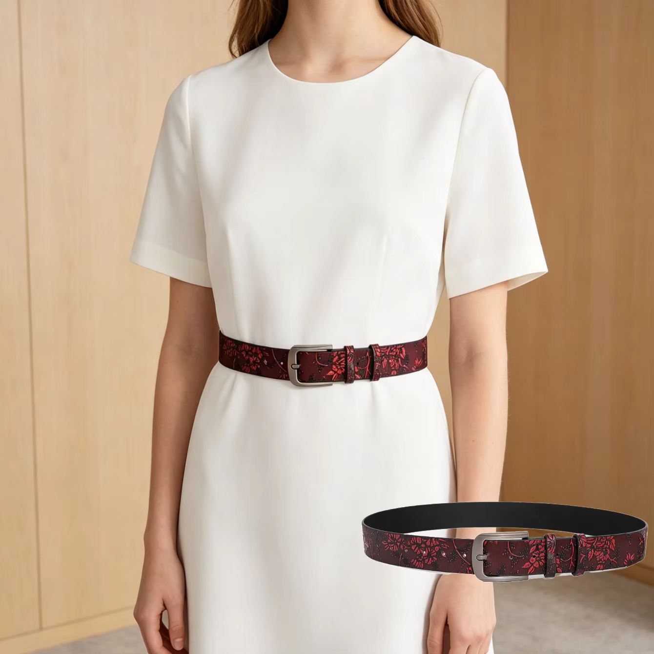 Ceinture vintage à fleurs gaufrées bordeaux pour femme