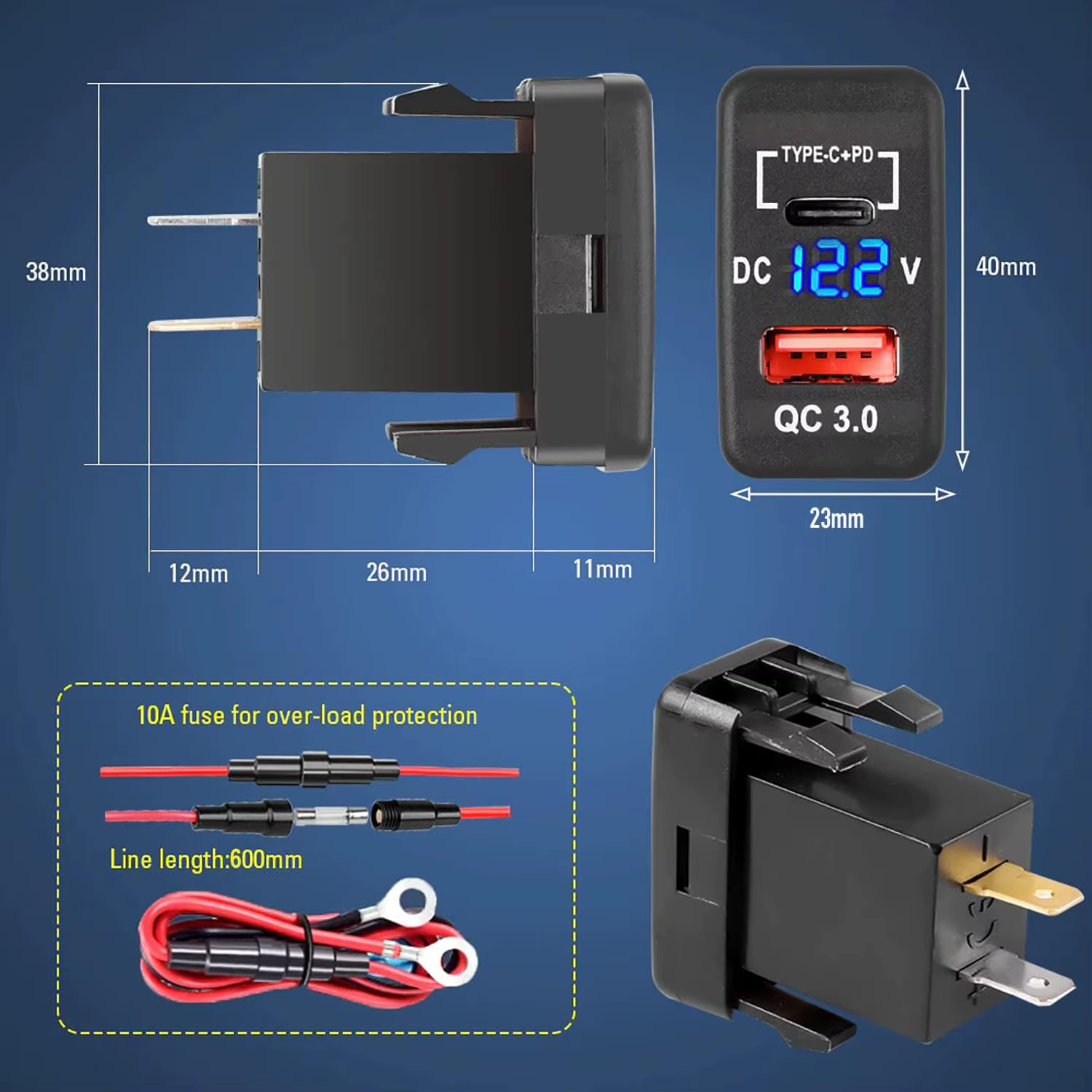 Prise de chargeur de voiture USB, Charge rapide 3.0 et PD, Port USB C, adaptateur de prise de courant pour véhicules Toyota 12V/24V