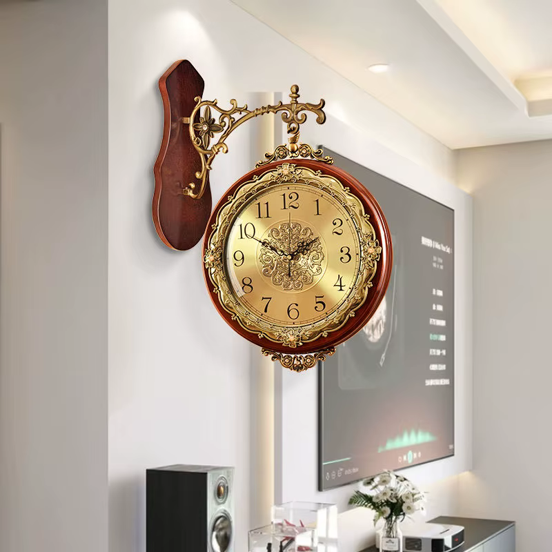 Horloge murale en bois Double face pour salon, décoration de chambre Vintage, montre murale de luxe, décoration silencieuse pour Hall d'entrée