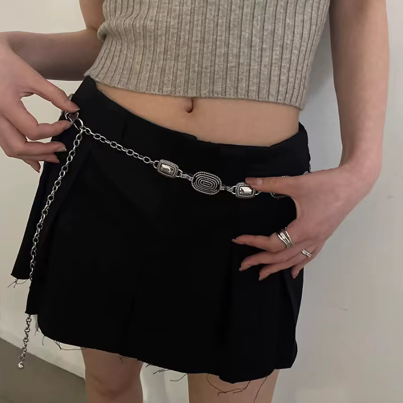 Ceinture Rétro Argentée en Cuir Fin pour Femme
