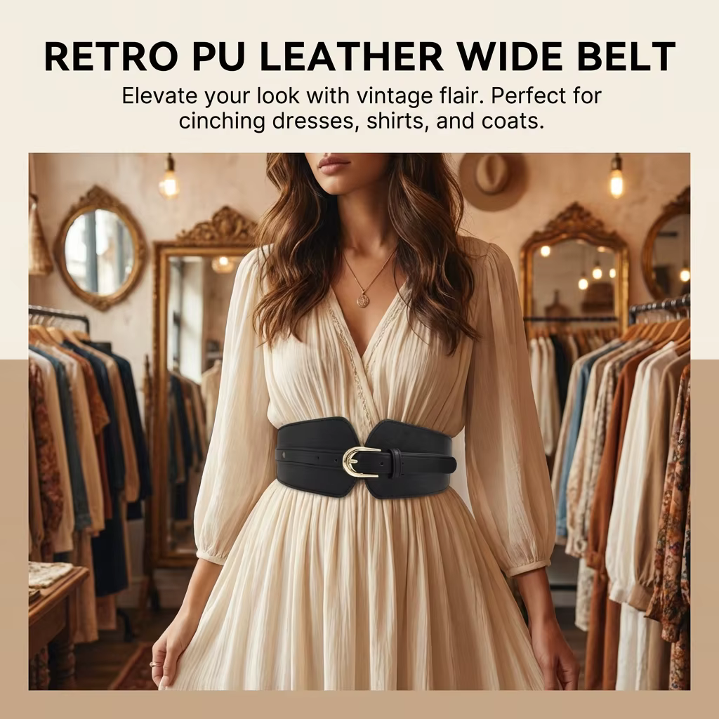 Ceinture large en PU pour femme, ceinture élastique avec boucle décorative pour un style rétro