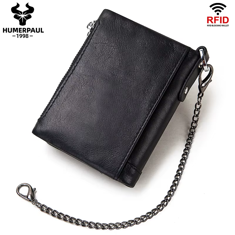 LAREET 100% portefeuille en cuir véritable avec peau de vache pour hommes porte-carte d'argent sac à main RFID court Double fermeture éclair poche à monnaie mâle à deux volets