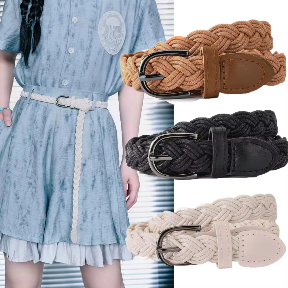 Ceinture fine tressée rétro vintage pour femme