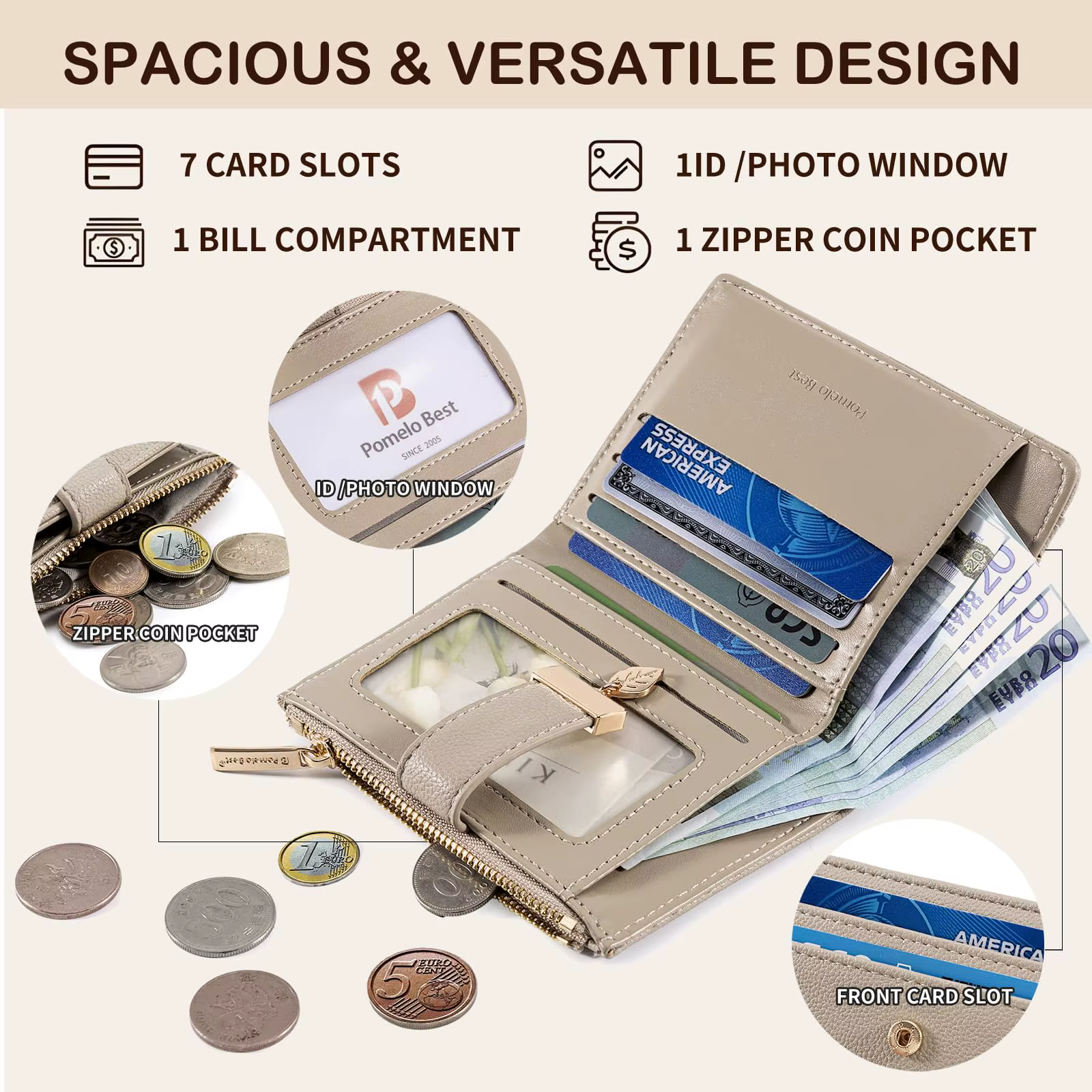 Portefeuille en cuir pour femme Pomelo Best avec poche à monnaie zippée