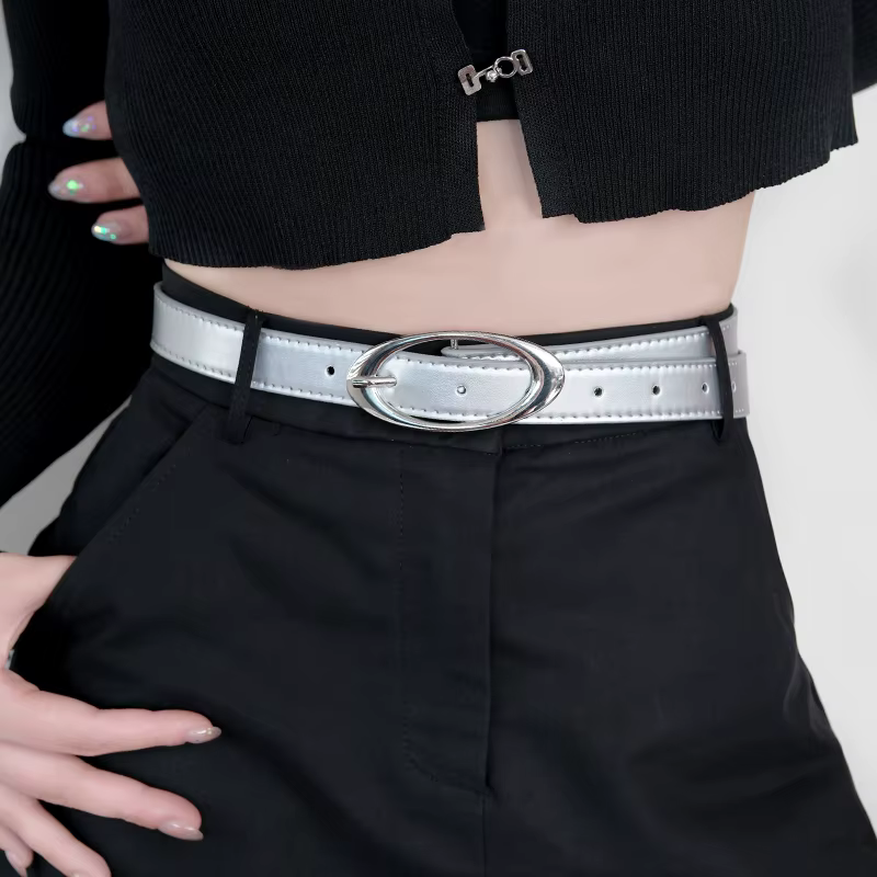 Ceinture à boucle argentée miroir pour femmes