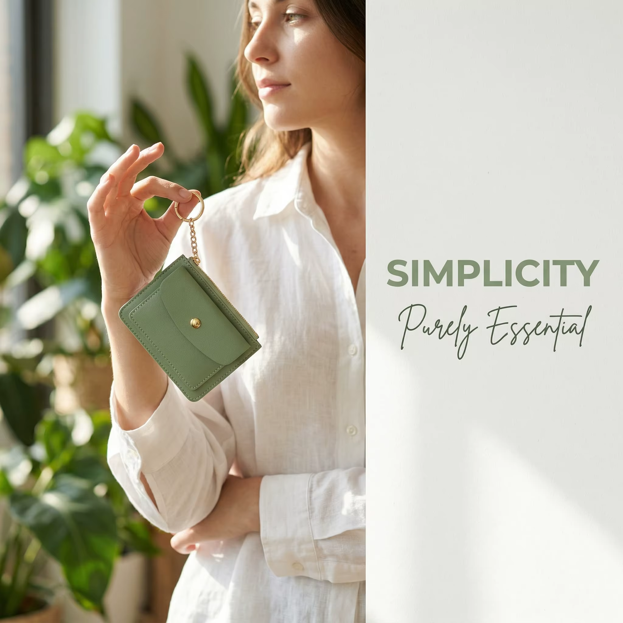 Portefeuille fin en cuir PU vert pour femme