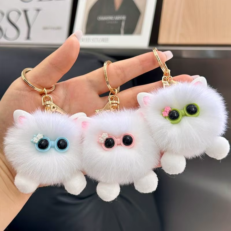 Porte-clés en peluche chaton blanc Kawaii avec lunettes, pour sac et voiture