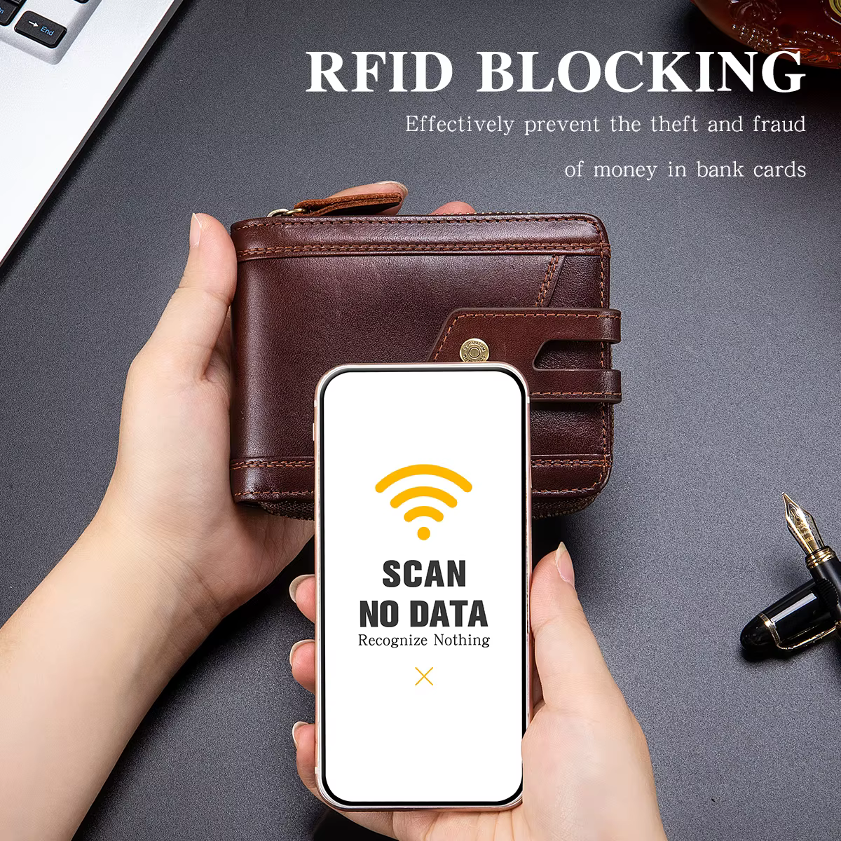 SCHLATUM Portefeuille à fermeture éclair pour homme Grande capacité RFID Blocage