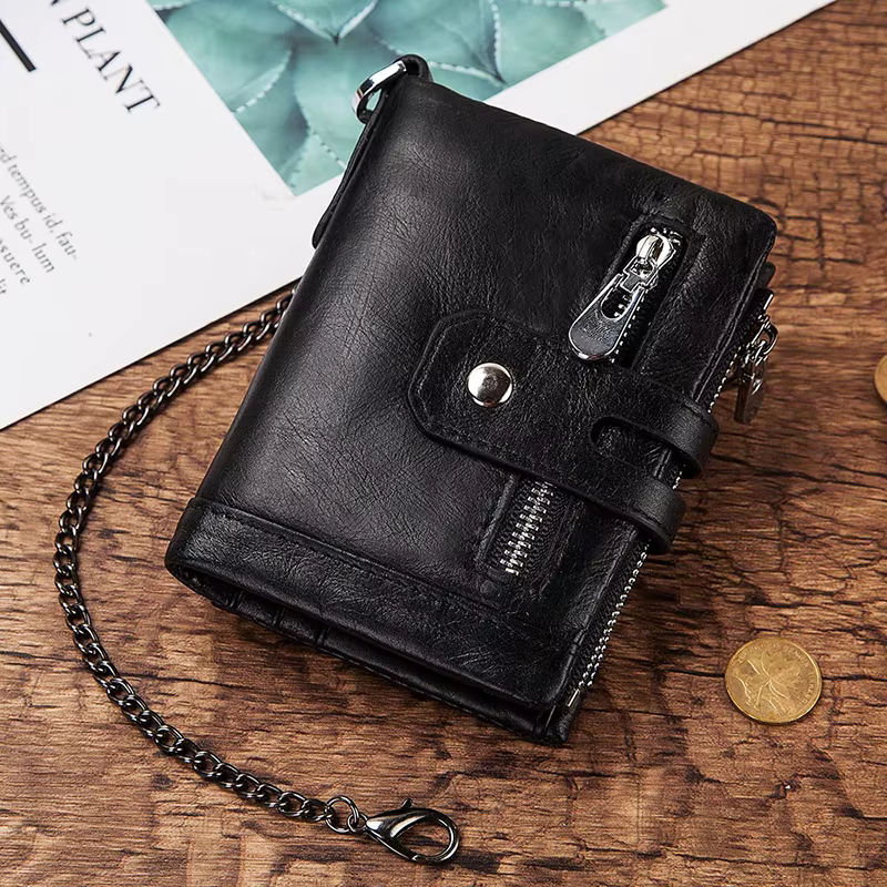 KAVIS portefeuille en cuir véritable pour hommes RFID blocage porte-carte sac à main court Double fermeture éclair monnaie poche mâle à deux volets chaîne Billetera