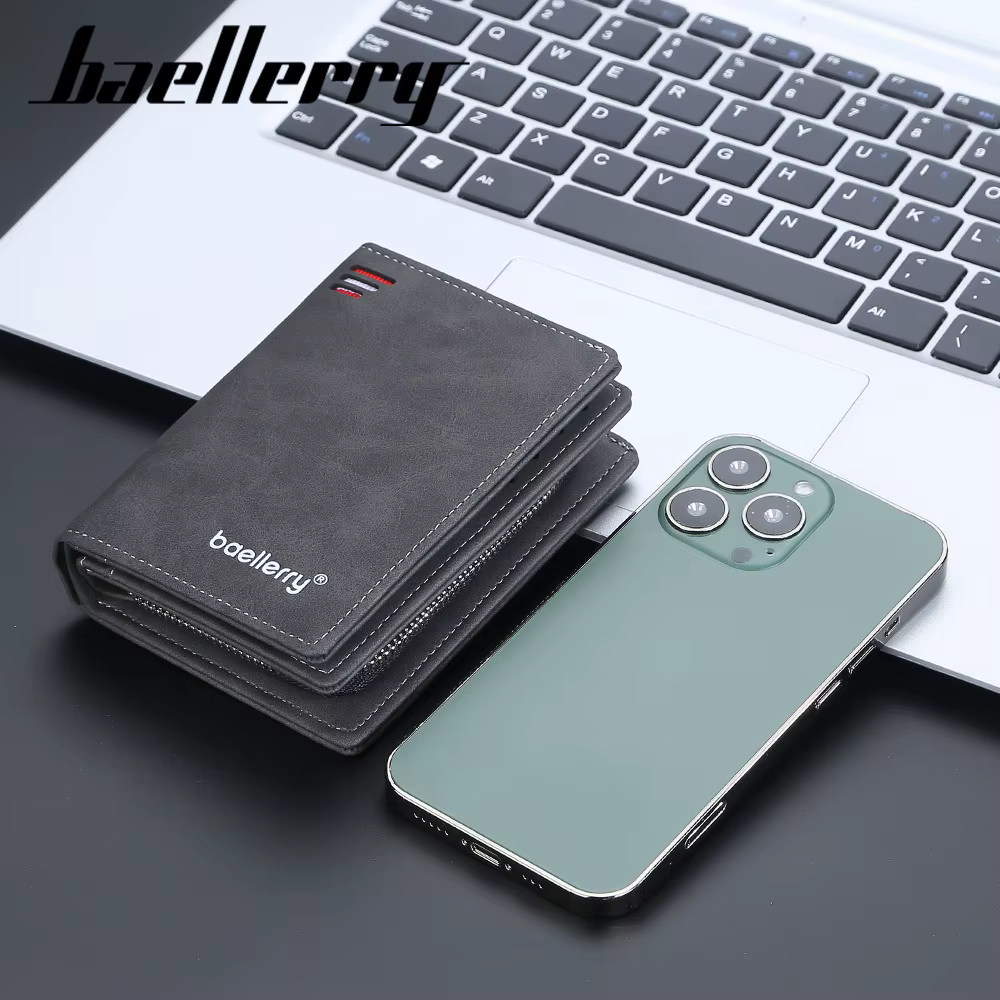 Portefeuille de poche avant pour hommes mince en cuir PU fermeture à glissière Protection RFID 10 emplacements pour cartes minimaliste