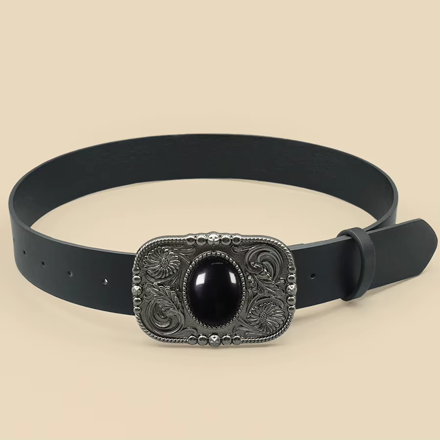 Ceinture rétro noire incrustée de Turquoise pour femmes
