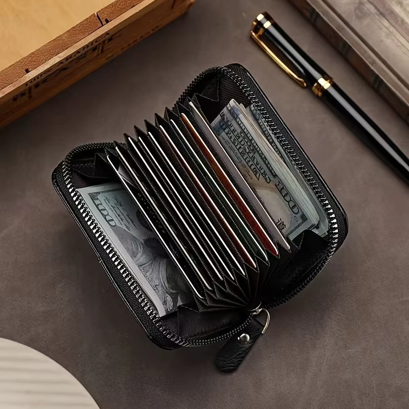Porte-cartes fin vintage avec blocage RFID - Portefeuille en cuir PU avec fermeture éclair