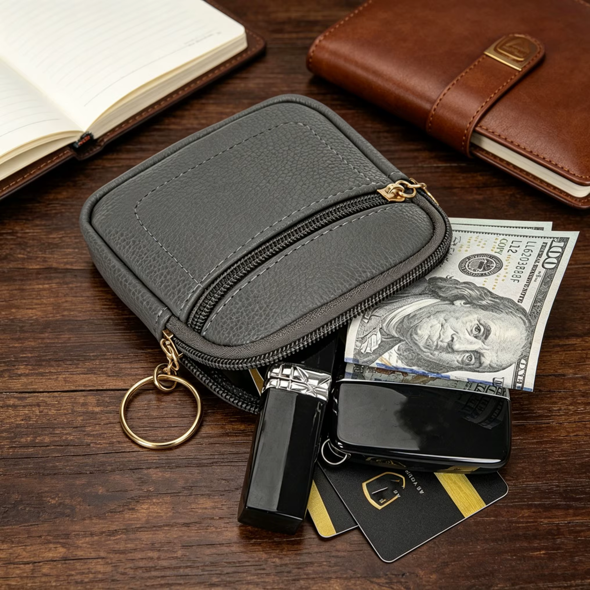 Nouvelle Pochette à Monnaie Portable en Cuir PU avec Anneau Porte-clés
