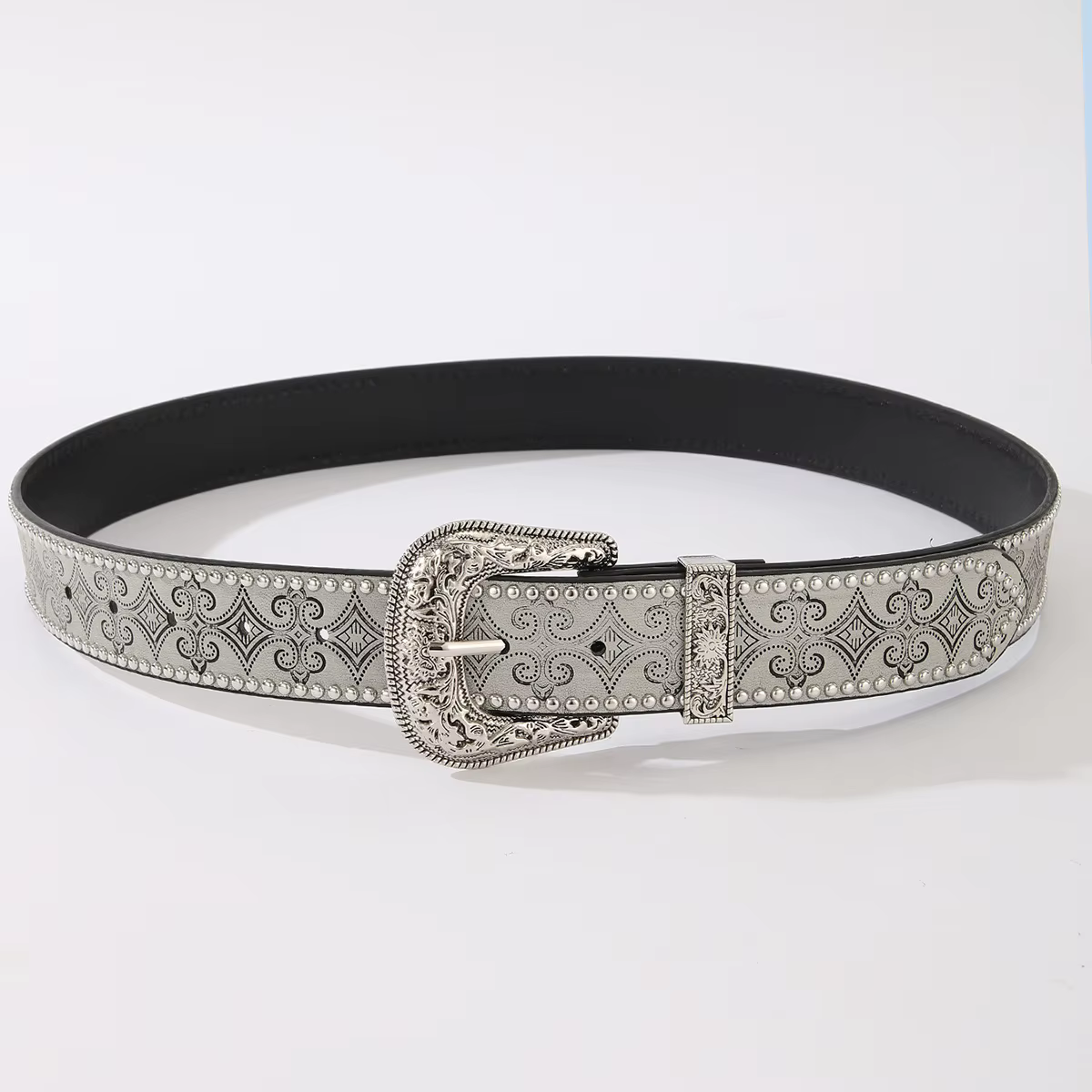 Ceinture vintage argentée avec boucle en métal sculpté de style western