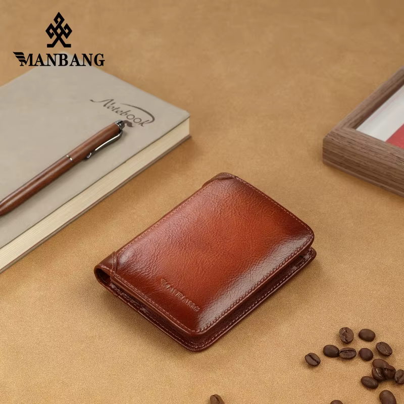 Manbang – portefeuille à trois volets en cuir véritable pour homme