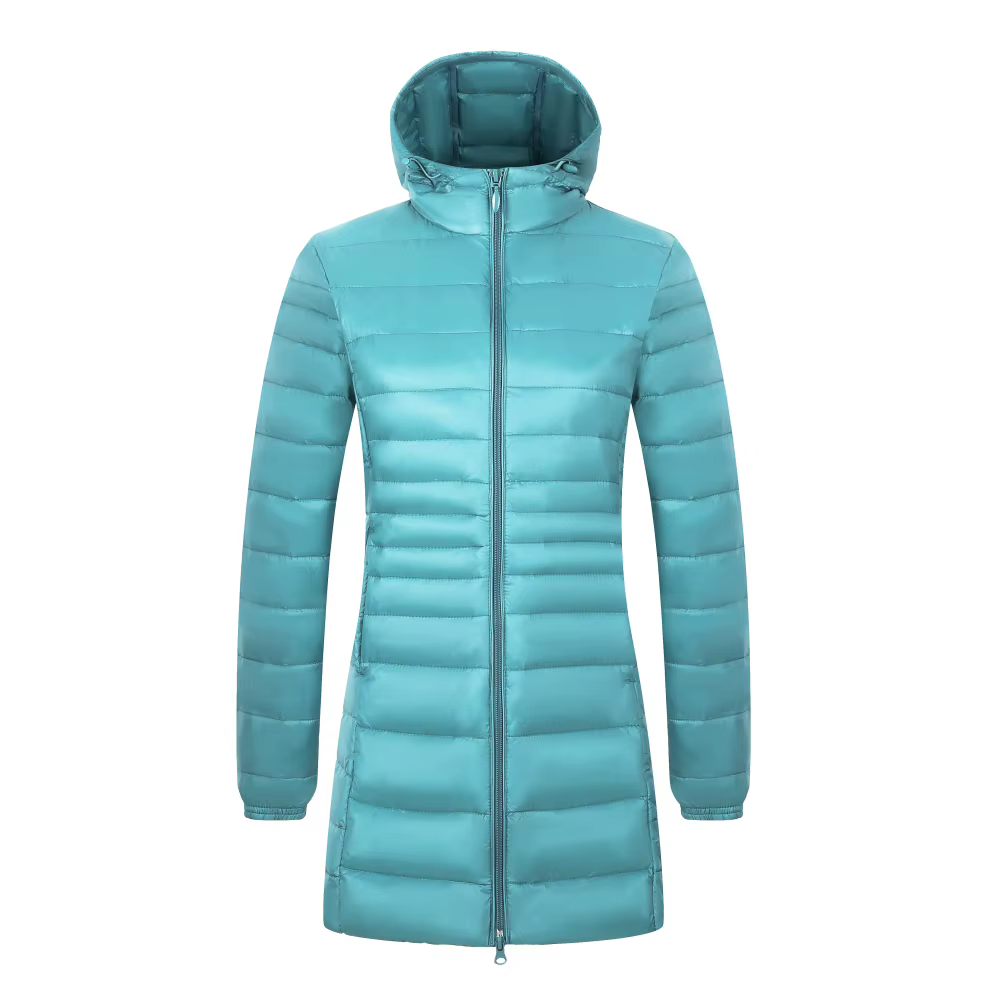 Manteau long en duvet chaud pour femme avec sac de rangement portable