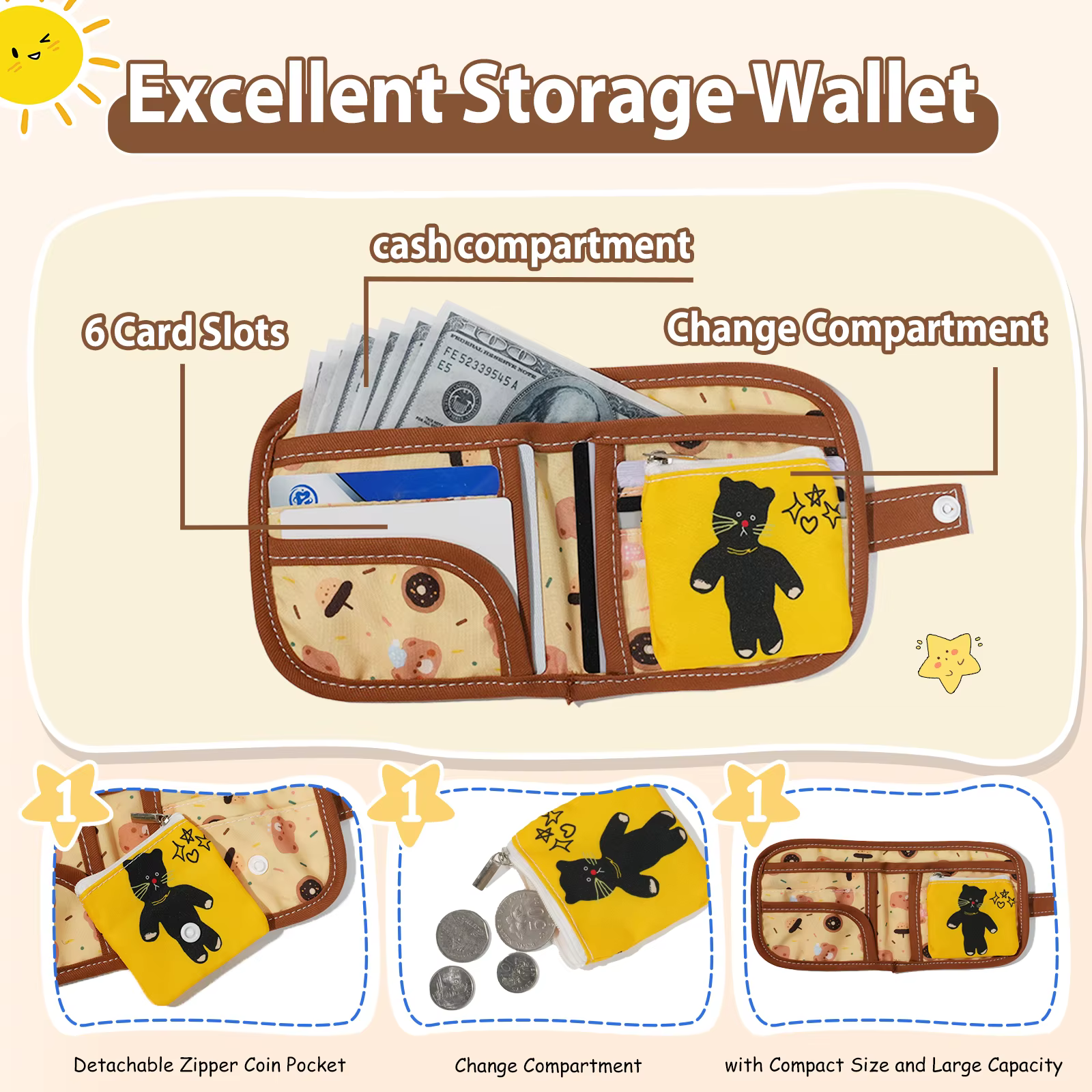 Portefeuille ours de dessin animé mignon avec porte-monnaie détachable
