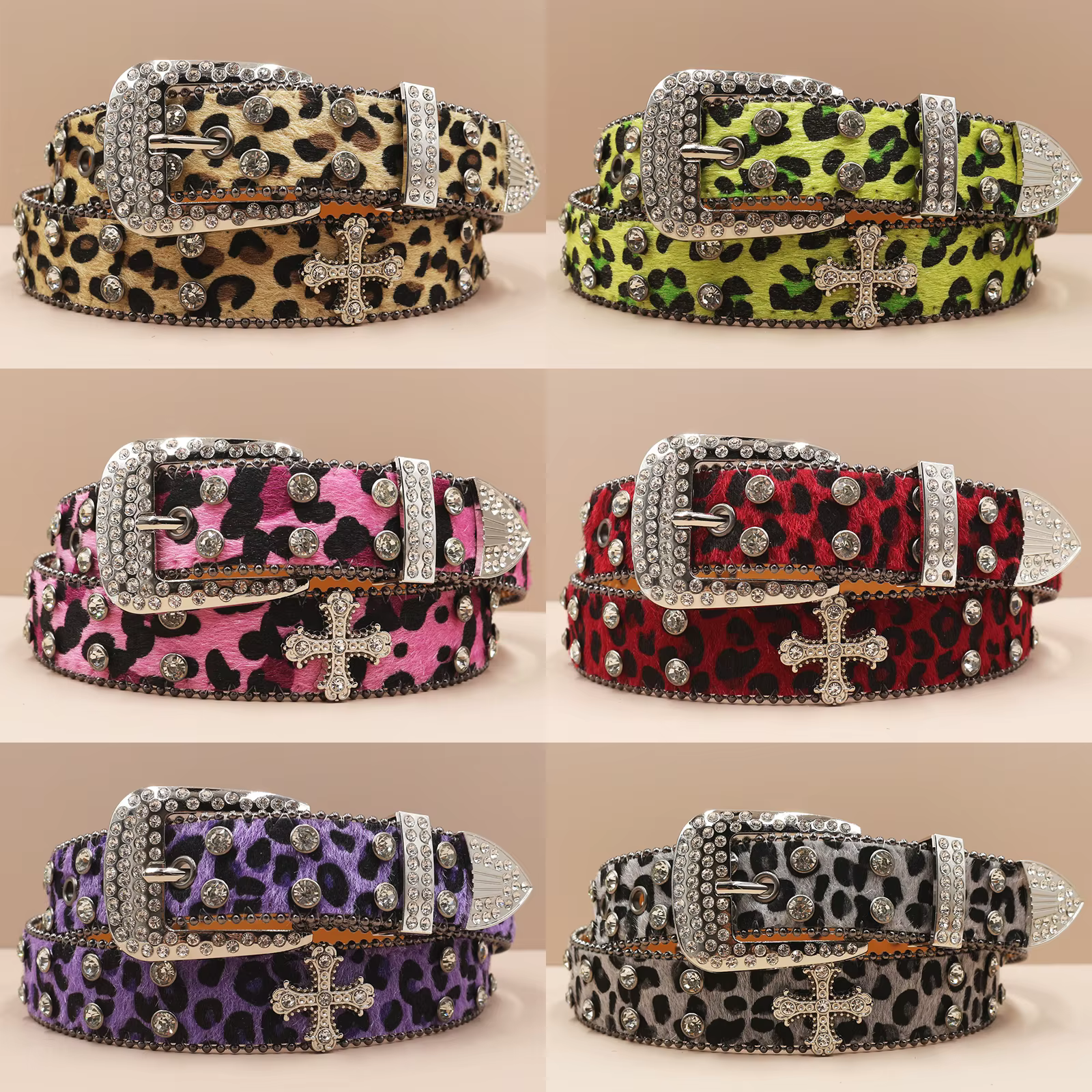 Ceinture en cuir à imprimé léopard et strass pour hommes et femmes