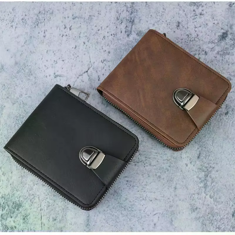 Portefeuille rétro en cuir PU à double pliage, boucle métallique de sécurité anti-perte, emplacements pour plusieurs cartes, pour les déplacements quotidiens et les voyages